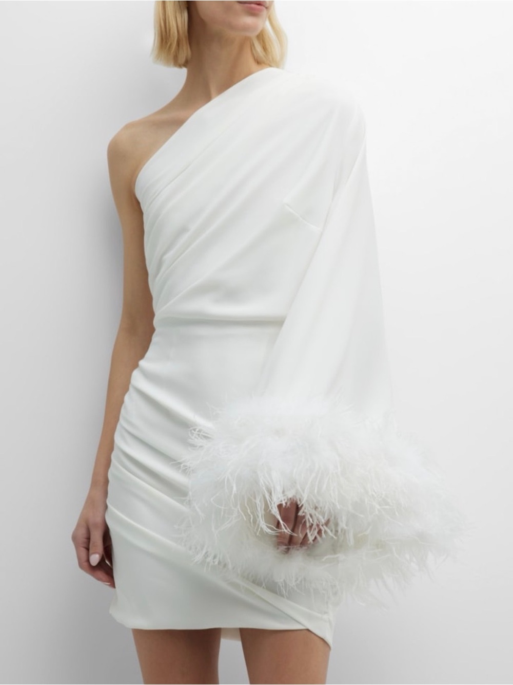Elegant One-Shoulder White Feather-Trim Mini Dress
